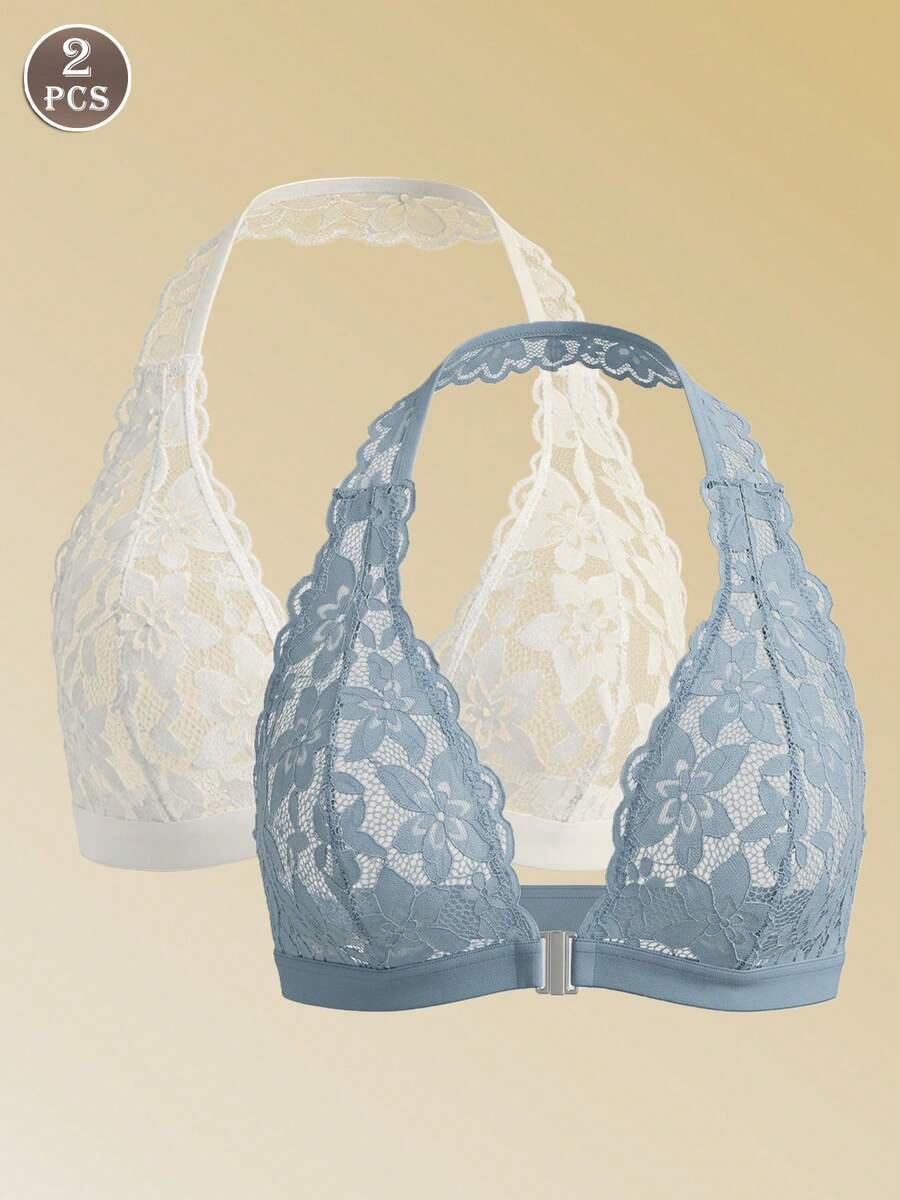 2pcs/Set Women's Solid Color Sexy Lace Halter Neck Bra - Blue and White - View 1