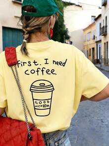 夏季新款女款針織休閒T恤，印有「First. I Need Coffee.」字樣，短袖設計，簡約時尚，適合日常與度假穿著 - 黃色 - 查看 9