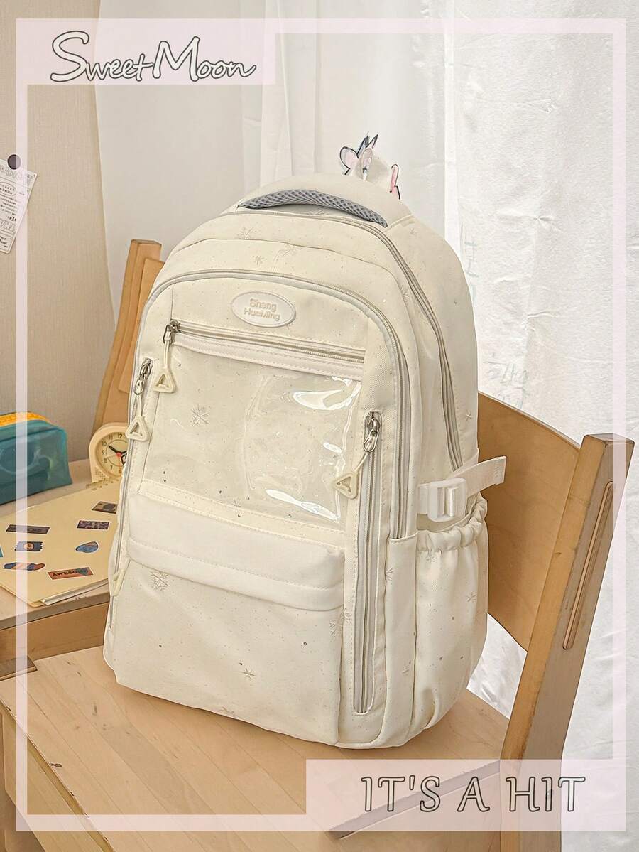 1件純色尼龍休閒學院風透明口袋字母貼布多口袋多隔層拉鍊大容量可折疊防水背包（無吊飾）適合春夏熱銷款，適合學生、校園、通勤、戶外旅行、度假禮物，可收納書本、筆袋、化妝包、化妝盒，適用於居家、送禮、度假