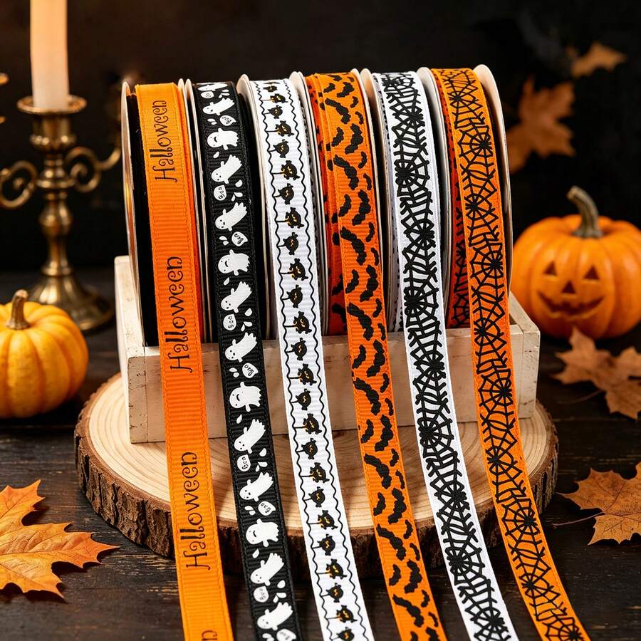 3Rolls/1Roll 1cm*2200cm Halloween Grosgrain Ribbon Set, Pumpkin Ghost Spider Web Pattern Decorative Ribbons For Gift Wrapping DIY Crafts - Multicolor - View 1