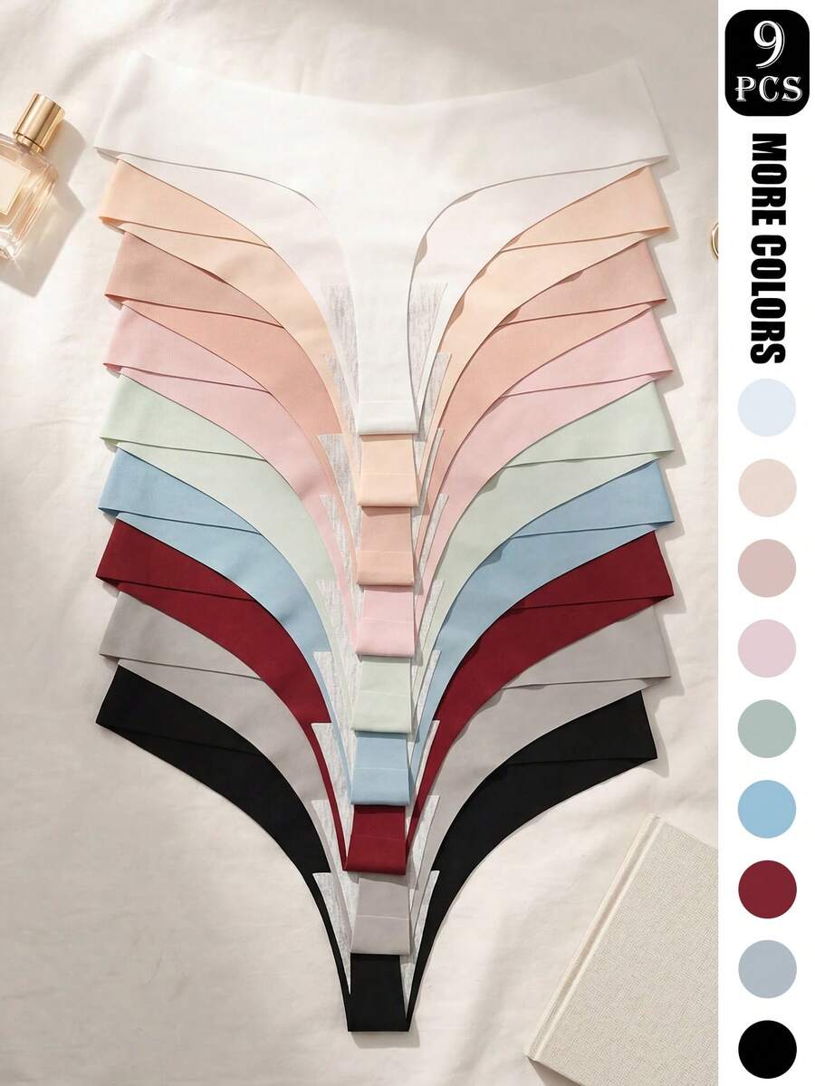 GYEY 9pcs Assorted Color Seamless Thong Panties, Butt Lifting Invisible Underwear