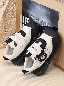 1 Pair Cute Bear Baby Walking Shoes, Black & White Color Block Soft Sole Anti-Slip Hook & Loop Functional Shoes, Suitable For Spring & Autumn - Black - View 4