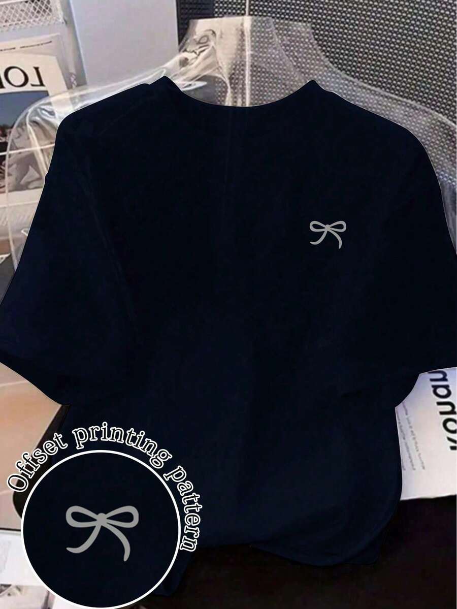 Short-Sleeved T-Shirt With Bow Print, Loose Fit, For Spring/Summer, For Casual Wear - 棕色 - 查看 1