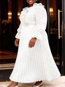 Plus Size Women's White Elegant Chiffon Pleated Ruffle Waist, Long Sleeve Dress, Graceful For Church Wedding Guest Party Evening Gown Fall - White - View 5