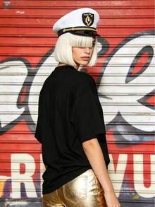 Summer Casual Soft Cotton Printed Crew Neck Short-Sleeve Top With Retro European Street Y2K Style. - Black - View 2