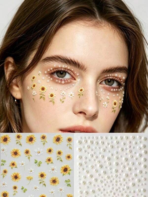 1pc Summer Sunflower Face Sticker, Hand-Painted Watercolor Sunflower With High-Gloss White Pearl, Healing Design. Self-Adhesive No-Cut Design, Smooth Adhesion To Skin Without Curling. Suitable For Mori Style Outdoor Makeup, Summer Picnic Makeup, Energetic Girl Makeup. Staggered Placement On Eyes And Cheeks, Creating A Fresh And Healing Summer Atmosphere. Warm Yellow Color Palette Matches Nude Makeup And Peach Blush Base. Ideal For Store Visits, Portrait Photography, Summer Party Makeup, Easily Creating An Energetic And Fresh Girl Makeup Look.