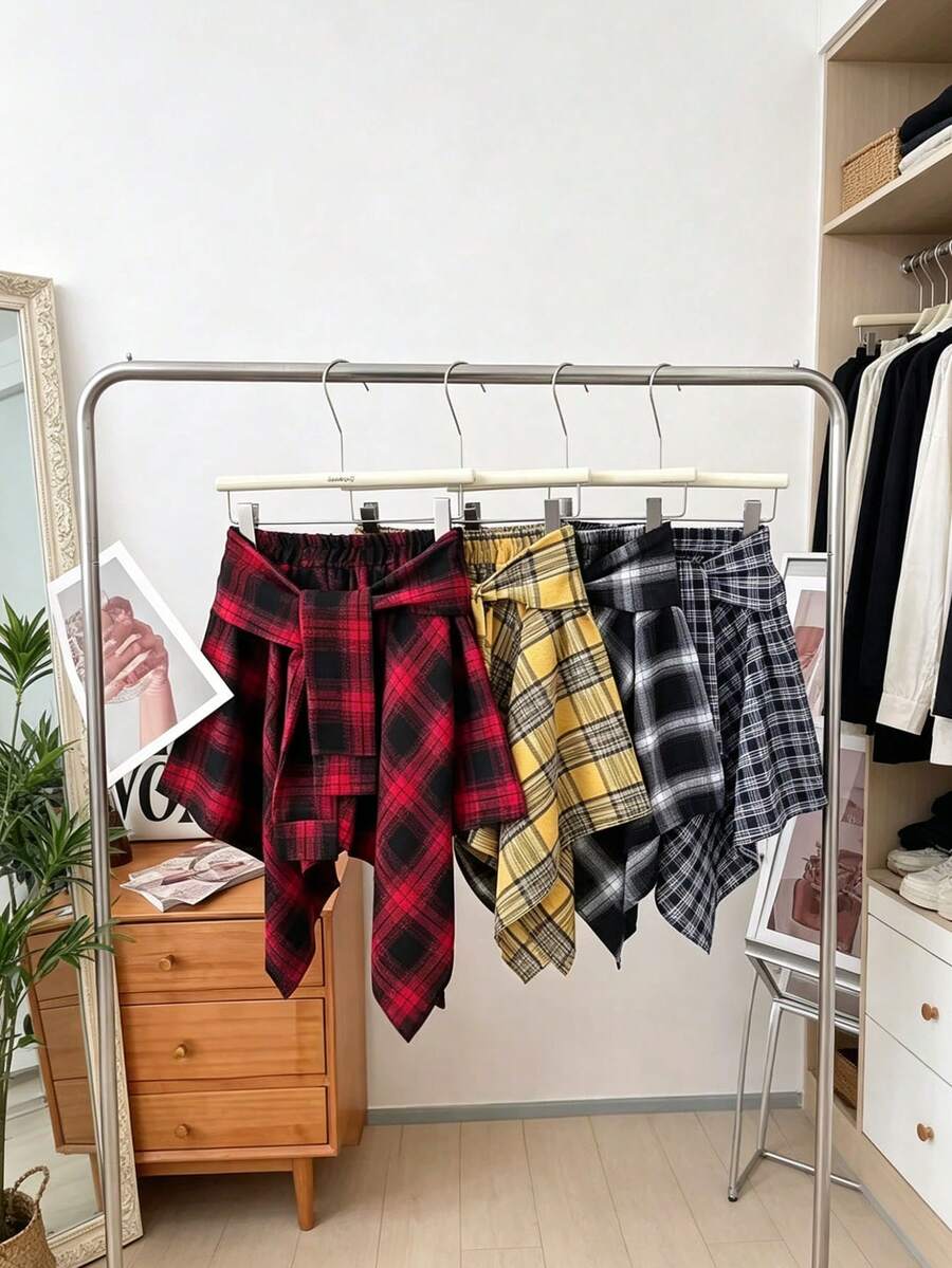 1件女款復古格紋長版高腰A字不對稱下擺襯衫，可調下擺層次穿搭必備，遮臀辣妹百搭時尚，中性綁帶多功能裙（附荷葉邊下擺設計），適合家庭穿搭、街舞