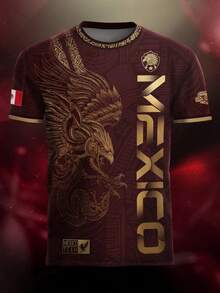 TIN "Mexico Golden Eagle" Football Shirt, Heritage Of The  Warrior, Fitted And Casual Long-Sleeved Design, All-Over Print For All Seasons - 酒紅色 - 查看 1