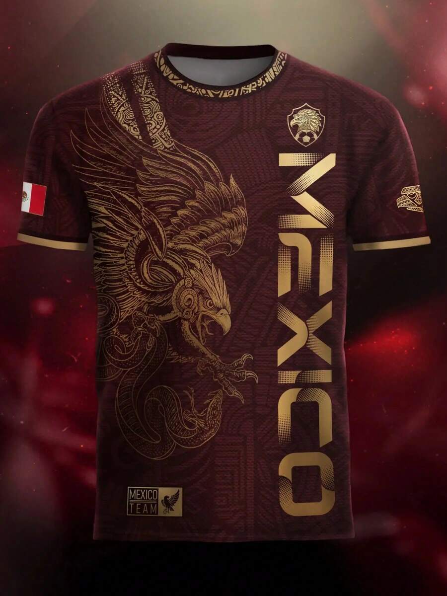 TIN "Mexico Golden Eagle" Football Shirt, Heritage Of The Warrior, Fitted And Casual Long-Sleeved Design, All-Over Print For All Seasons - 酒紅色 - 查看 1