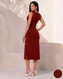Women's Midi Dress Elegant Casual Buttons Front Simple Button - 亮橙色 - 查看 4