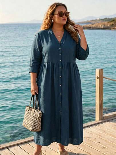 Women's V-Neck Open Front Casual Loose Plus Size Dress, Elegant Autumn/Spring