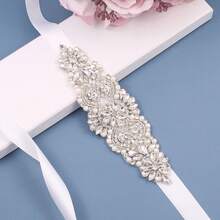 1pc Rhinestone Handmade Bridal Belt - Silver Applique + White Ribbons - View 3