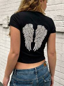 女款 Y2K 亮片翅膀刺繡修身短版 T-Shirt，圓領休閒上衣，街頭風夏季派對穿搭，黑色 - 黑色 - 查看 1