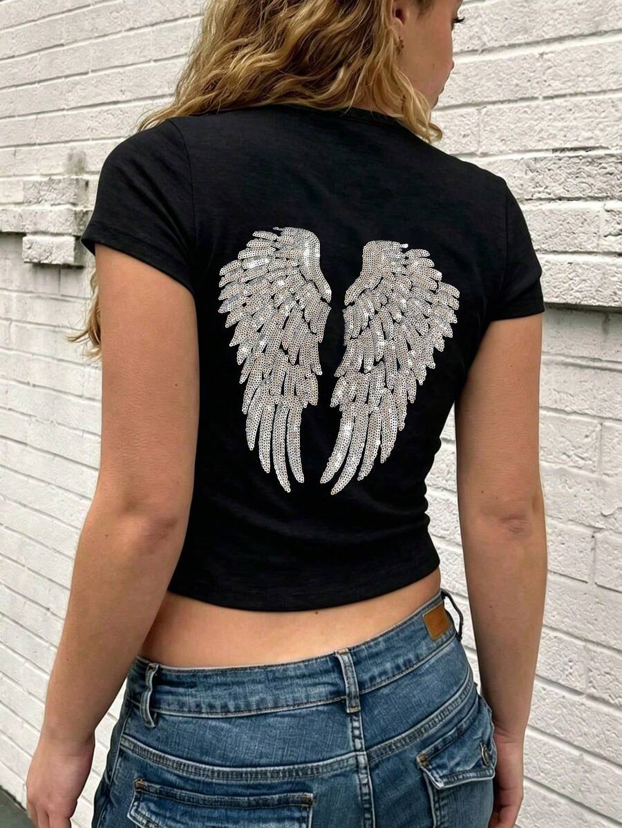 女款 Y2K 亮片翅膀刺繡修身短版 T-Shirt,圓領休閒上衣,街頭風夏季派對穿搭,黑色 - 黑色 - 查看 1