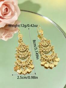 1 Pair Vintage Palace Style Women's Earrings, Multi-Layer Crescent Hollow Filigree Structure, Heart Tassel Pendant, Arabic Women's Festival Wedding Accessory Jewelry Earring, Also Suitable As A Gift - Multicolor - View 4