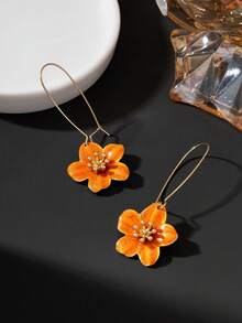 1 Pair Women's Niche Design Long Tie Dye White Enamel Flower Earrings, Summer Vacation Style, Commute And Beach Holiday Accessories - Orange - View 2