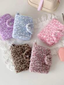 1pc Cute Pink Leopard Print Fluffy Plush Coin Purse Snap Button Mini Zipper Wallet Small Card Storage Pouch Purse Wallet - Multicolor - View 4