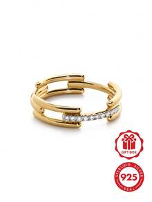 奢华浪漫 S925 纯银精致签名链条设计锆石戒指，女士款 - Link Zircon Ring - 查看 1