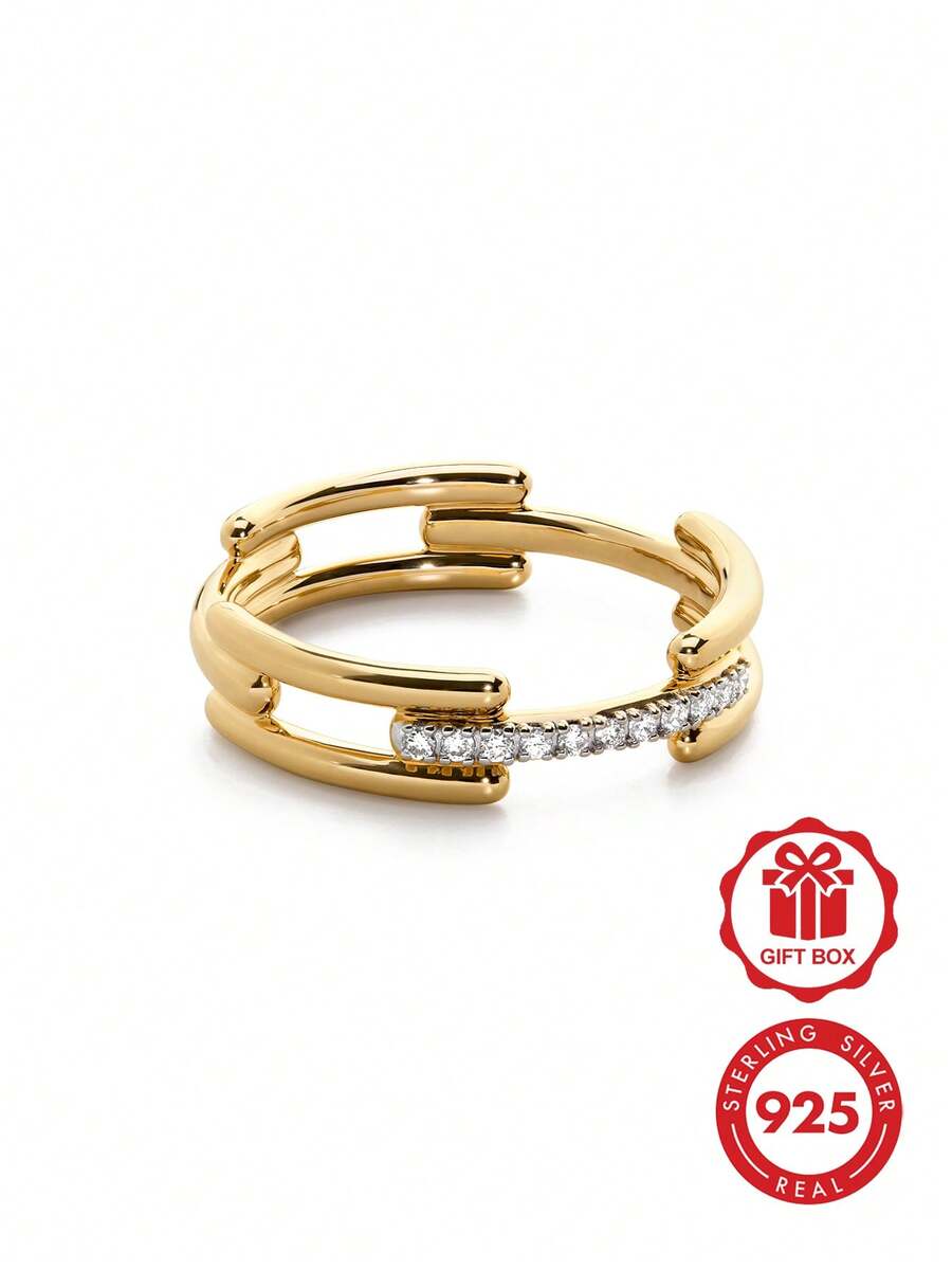 奢华浪漫 S925 纯银精致签名链条设计锆石戒指,女士款 - Link Zircon Ring - 查看 1