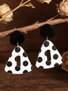 A Pair Of French Retro-Style Black Round And Black And White Polka Dot Hollowed-Out Triangular Acrylic Earrings - Black and White - View 2