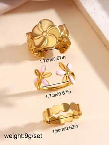 3pcs/Set Stainless Steel 18K Gold Plated Flower Ring, Pink Drip Oil Open Ring, Oval Plain Band Ring, Suitable For Women's Daily Wear - Multicolor - View 2