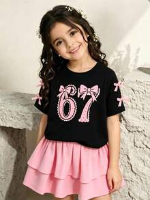 Toddler Girls' Numeric Print Round Neck Short Sleeve Top And Skirt Set - Black - View 1