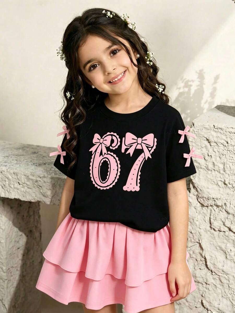 Toddler Girls' Numeric Print Round Neck Short Sleeve Top And Skirt Set - Black - View 1
