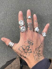 8pcs Fashion Hip Hop Punk Liquid Geometric Metal Open Ring Set, Suitable For Men's Daily Wear And Holiday Accessories - Silver - View 1