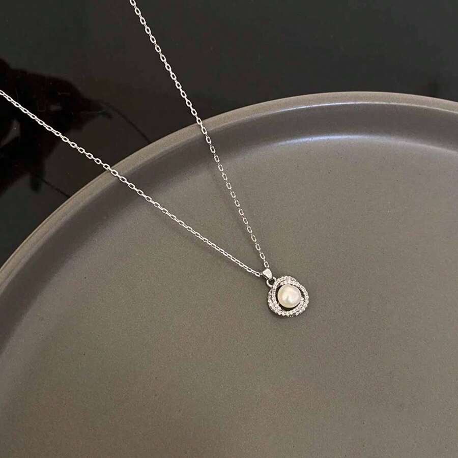1 Piece Of Simple Faux Pearl Inlaid Diamond Double Ring Necklace With Temperament, Neck Chain, Collarbone Chain - Silver - View 1