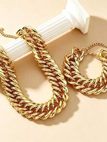 2pcs/Set Chunky Jewelry Minimalist Metal Clavicle Chain Fashion Versatile Gold Chain Thick Necklace Vintage Women Jewelry Necklace Suitable For Daily Wear, Shopping, Photography, Party And Gathering - Gold - View 2