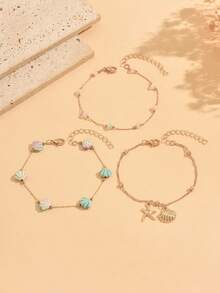 3pcs/Set Summer Beach Vacation Style Fresh Colorful Shell Gold Shell Starfish Colorful Bead Chain Combination Decorative Anklet Fashion Versatile Women's Foot Jewelry Suitable For Daily Wear And Summer Vacation Beach Party Music Festival - Multicolor - View 2