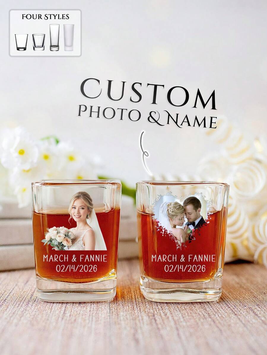 1個/12個個性化婚禮烈酒杯，2盎司玻璃材質，可自定義照片和姓名，伴娘伴郎禮物，照片紀念品，人臉圖案烈酒杯，婚禮派對贈品，訂婚派對裝飾 - 方杯 - 查看 1