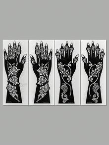 4件裝異國風花卉圖騰紋身貼紙，極簡玫瑰藤蔓，可覆蓋手掌+全前臂，復古奢華風，適合海娜彩繪、派對與造型 - 黑色 - 查看 9