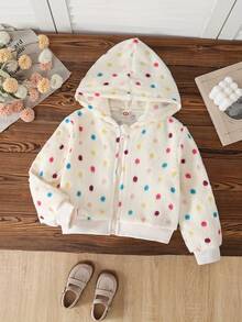Young Girls' Autumn/Winter Cute Sweet Fuzzy Thermal Lined Warm Jacket, Colorful Polka Dot Front Zipper Design Hooded Coat, Skin-Friendly Soft - Apricot - View 1