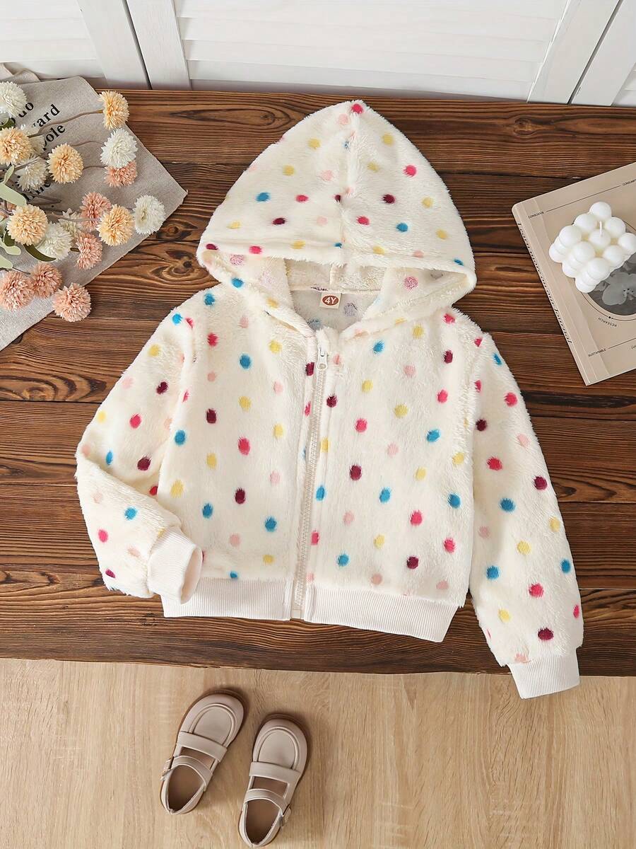 Young Girls' Autumn/Winter Cute Sweet Fuzzy Thermal Lined Warm Jacket, Colorful Polka Dot Front Zipper Design Hooded Coat, Skin-Friendly Soft - Apricot - View 1