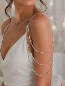 outingfit 1 Pair Sparkly Silver Crystal Shoulder Chain Jewelry, Rhinestone Arm Drape Body Chain For Women, Wedding Bridal Prom Party Accessories - Silver - View 1