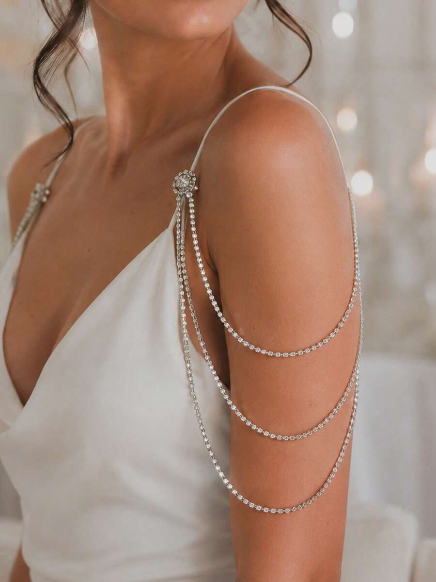 outingfit 1 Pair Sparkly Silver Crystal Shoulder Chain Jewelry, Rhinestone Arm Drape Body Chain For Women, Wedding Bridal Prom Party Accessories - Silver - View 1