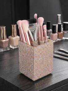 1pc Rhinestone Decorated Square Makeup Brush Holder, Large Capacity, Colorful Rhinestone Inlaid Surface, Luxurious Sparkling Style, Full Rhinestone Pattern, Square Column Shape, Neat Edge Details, Makeup Tool Container, Suitable For Bedroom Vanity, Makeup Room Tabletop And Other Scenes - Multicolor - View 8
