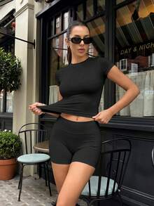 6pecil 女款 2 件組瑜伽套裝上衣，快乾四向彈性健身運動休閒服，黑色 - 黑色 - 查看 8