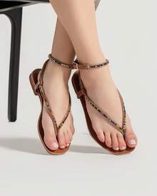 BERALLUTY WOMEN'S FLAT SANDAL WITH STRASS AND GLITTER, COMFORTABLE - Camel - Ver 2