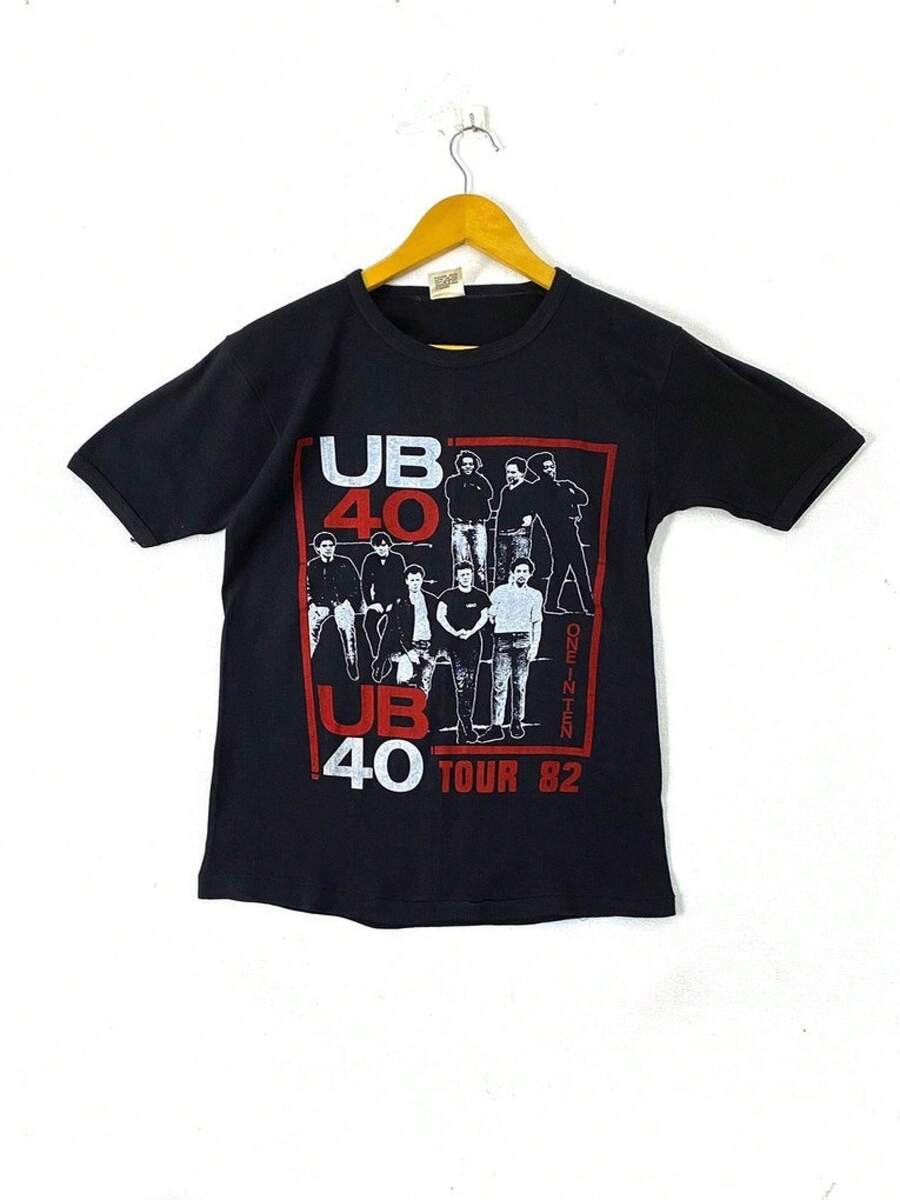 Vintage 80s 1982 UB40 One In Ten World Tour Album Singles English Pop Reggae Band Rare Design Big Image Icon Hip Hop Rapper Promo T-Shirts - Black - View 1