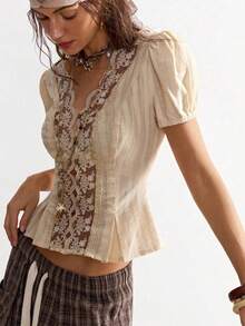 Blusa casual de mujer de manga corta con parches de unicolor y adorno de encaje - Blanco - Ver 6