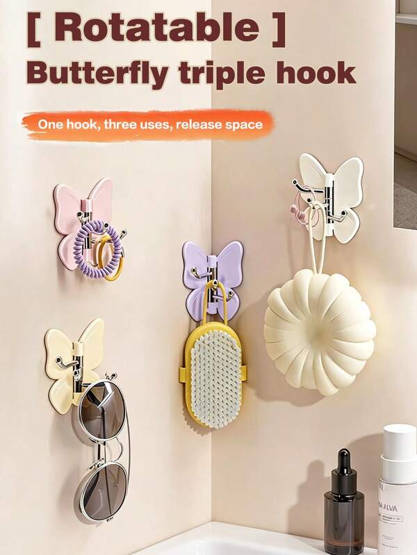 Aesthetic 360° Rotating Butterfly Triple Hook, No-Drill Self-Adhesive Wall Hanger For Hats, Bags & Coats, Strong Sticky Corner Organizer For Bathroom/Bedroom Decor/Kitchen Storage, Space-Saving Rotating Rack For Keys, Scarves & Towels