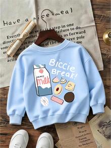 Young Boys Milk Cookie Print Crew Neck Sweatshirt, Light Blue Pullover, Suitable For School, Back To School, Autumn, Winter Wear - Baby Blue - View 3