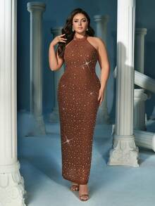QOQ Women Plus Size Halter Sleeveless Rhinestone Prom Maxi Dress, Backless Slit Bodycon Formal Evening Gown, Elegant Wedding Guest Cocktail Party Dresses - Brown - View 3
