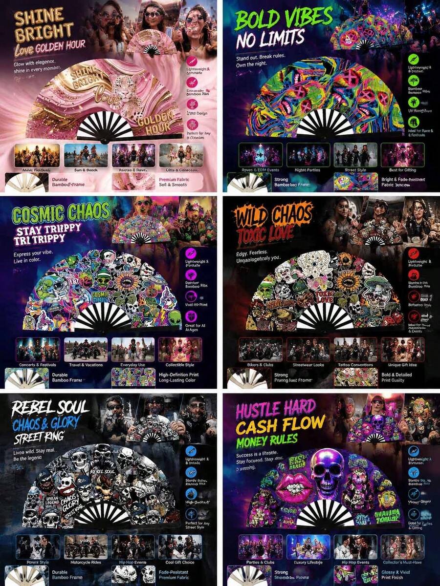 多款可選,大尺寸折疊電音派對扇,塗鴉圖案折疊手扇,便攜式 EDM 音樂節配件,適用萬聖節與主題派對,可折疊電音手持扇,大尺寸塗鴉/骷髏圖案設計,輕巧便攜配件,適合 EDM 音樂節、萬聖節派對、活動與海灘 - A - 查看 1