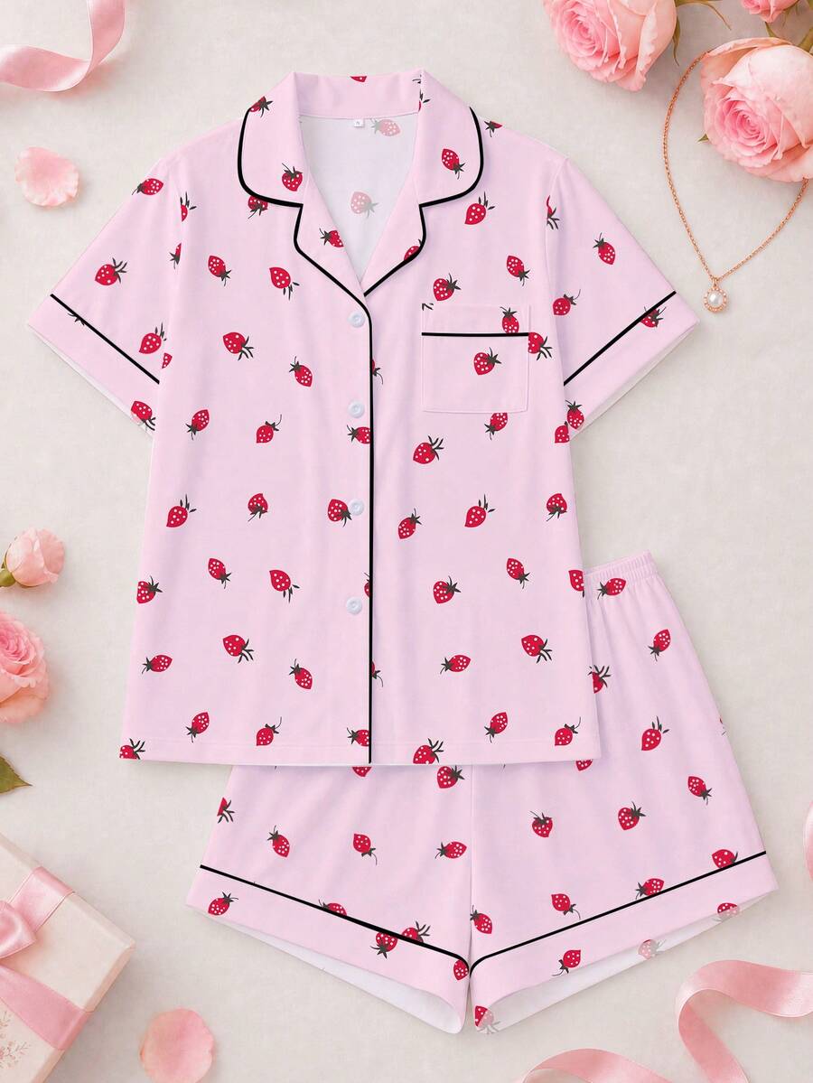 2件組女款睡衣套裝，草莓印花，女款居家服，春夏度假穿搭，短袖上衣與短褲套裝 - 粉色 - 查看 1