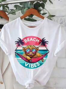 Beach Vibes Bull In Hammock Summer Graphic Tee Women Casual Top Vacation Outfit Fun Animal Design Shirt, 220g - Blanco - Ver 2
