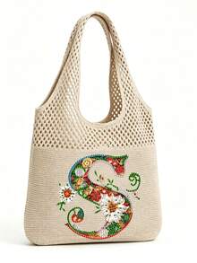 LFIRSTL Women's Crochet Tote Bag | 26 Personalized Initial Options, Bohemian Floral Mesh Beach Bag, Large Capacity Knitted Shoulder Handbag, Suitable For Summer Vacation, Travel And Daily Commute - Khaki - View 3