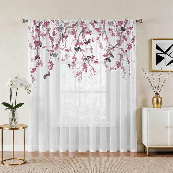 NOSBEI 1 pieza Cortina transparente con estampado de mariposa y flores de acuarela, panel de cortina de ventana con bolsillo para barra que filtra la luz para dormitorio y sala de estar